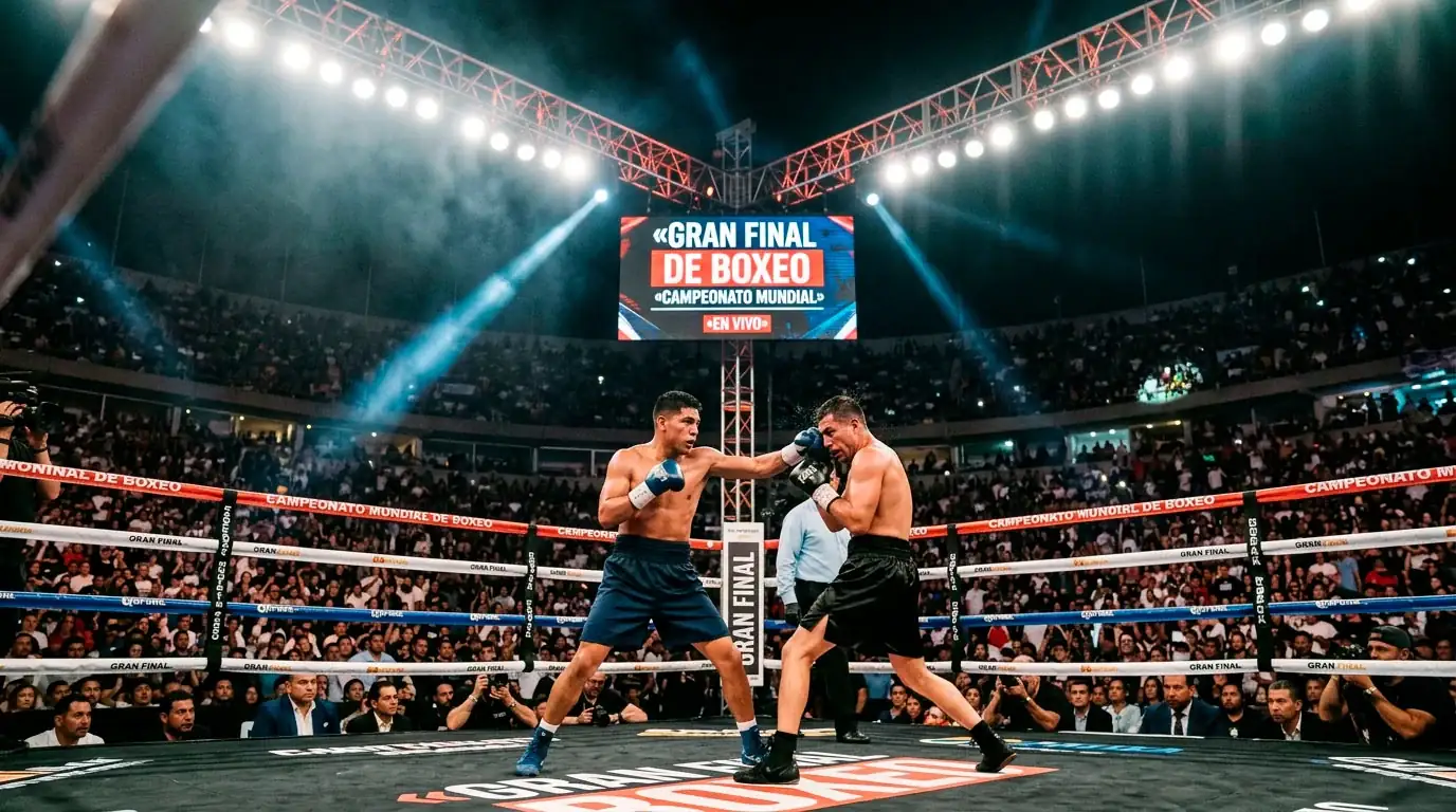 Evento de boxeo PPV en estadio con miles de aficionados